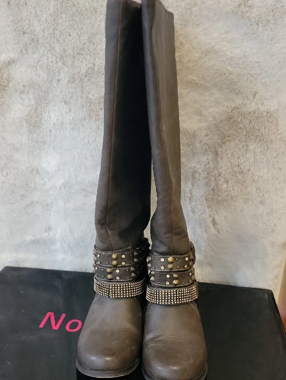 Women's Tall Brown Studded Slip On Embellished Boots